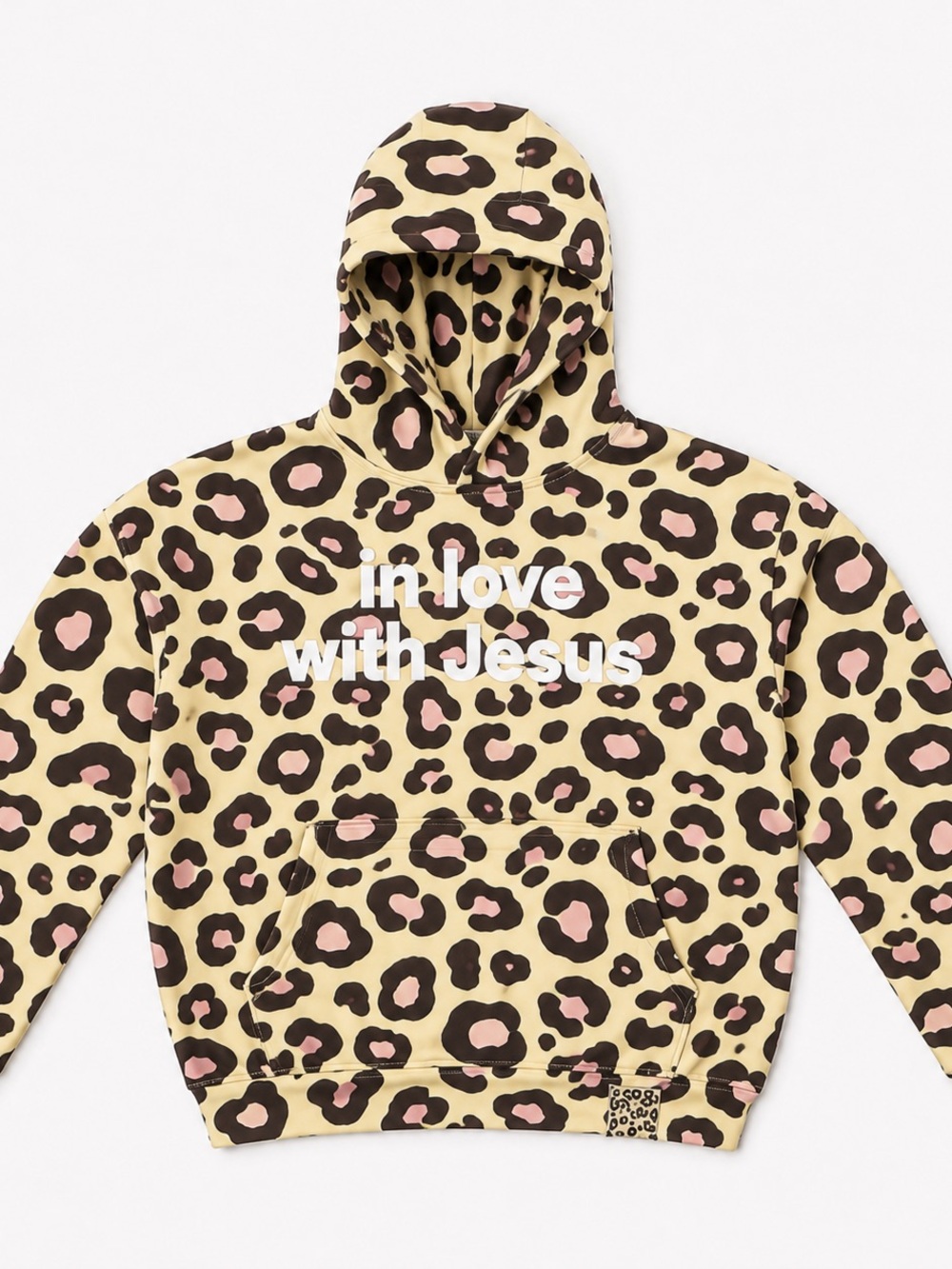Leopard-Print Hoodie with 'In Love with Jesus' Script - Yellow & Pink